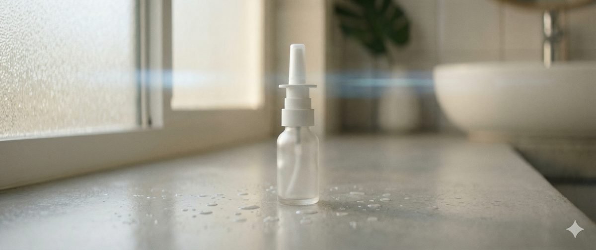 Nasal spray bottle on bathroom counter