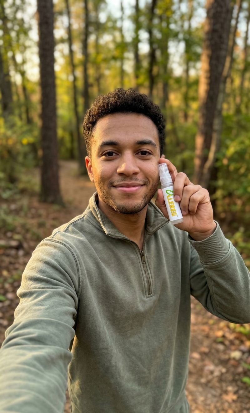 Người đàn ông tận hưởng ngoài trời với xịt OLLEREG