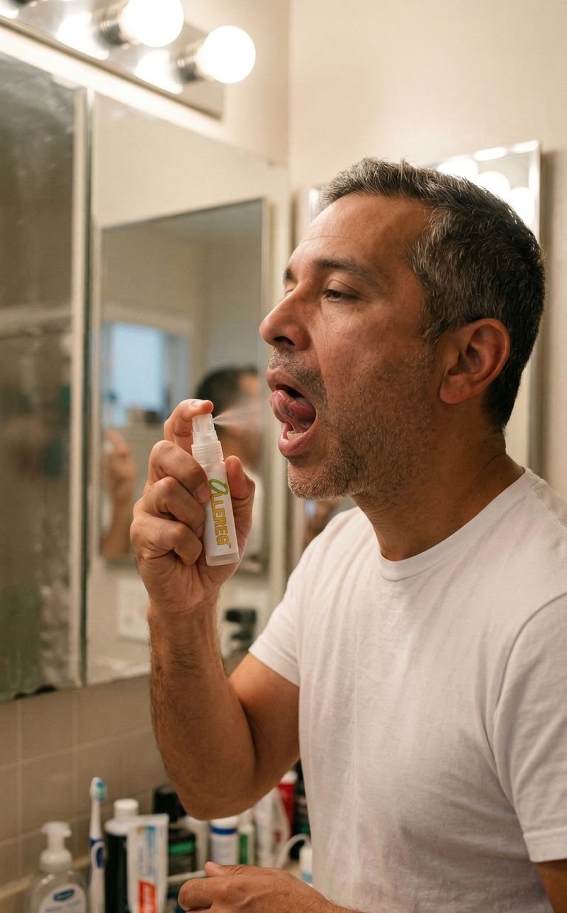 Usando el spray sublingual de inmunoterapia OLLEREG